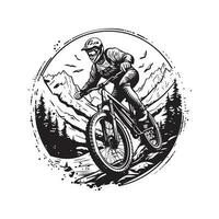 extrem sport berg cykling, årgång logotyp linje konst begrepp svart och vit Färg, hand dragen illustration vektor
