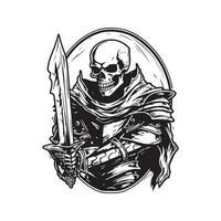 skelett riddare, årgång logotyp linje konst begrepp svart och vit Färg, hand dragen illustration vektor