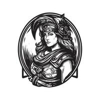 weiblich Krieger, Jahrgang Logo Linie Kunst Konzept schwarz und Weiß Farbe, Hand gezeichnet Illustration vektor