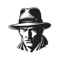gangster bär fedora hatt, årgång logotyp linje konst begrepp svart och vit Färg, hand dragen illustration vektor