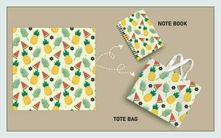 Attrappe, Lehrmodell, Simulation Tasche Tasche und Hinweis Buch mit Ananas Früchte, Blatt nahtlos Muster. vektor