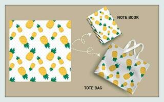 Attrappe, Lehrmodell, Simulation Tasche Tasche und Hinweis Buch mit Ananas Früchte, Blatt nahtlos Muster. vektor