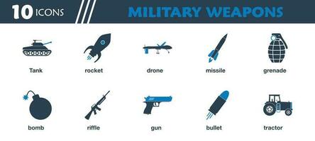 militär vapen ikon uppsättning. samling av krig tank, raket, Drönare, missil, granat, bomba, pistol, kula och Mer ikoner. redigerbar platt vektor illustration.