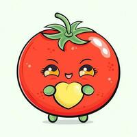 süß komisch Tomate mit Herz im Hand. Vektor Hand gezeichnet Karikatur kawaii Charakter Illustration Symbol. isoliert auf Licht Grün Hintergrund. Tomate Charakter Konzept