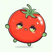söt rolig Hoppar tomat. vektor hand dragen tecknad serie söt karaktär illustration ikon. isolerat på ljus grön bakgrund. tomat begrepp