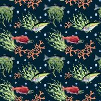 olika vild hav fisk sömlös mönster vattenfärg illustration isolerat på svart. sjögräs, tonfisk, lax, coho, hav växter hand ritade. design element för textil, förpackning, papper, omslag, baner vektor