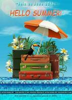 Sommer- Reise Hintergrund mit Strand und Gepäck auf das Seite von das Schwimmbad . vektor