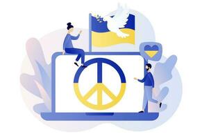 ukraina fred symboler på bärbar dator skärm. flagga av ukraina. duva av fred. stå med ukraina. sluta krig. Nej krig. modern platt tecknad serie stil. vektor illustration på vit bakgrund