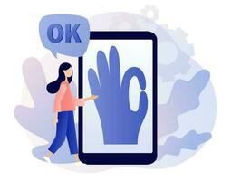 ok tecken. hand gest Okej på smartphone skärm. kommunikation gester begrepp. modern platt tecknad serie stil. vektor illustration på vit bakgrund