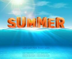 Sommer- Hintergrund mit groß Typografie Briefe, 3d realistisch Vektor Ozean, unter Wasser Hintergrund mit Sonnenlicht und Strahlen.