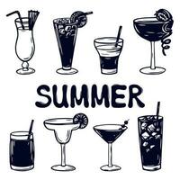 Grafik Gekritzel einstellen von anders Sommer- Cocktails. Sommer- Getränke Vektor Illustration Satz. verschiedene Getränke Silhouette im Glas