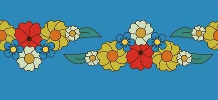 retro Karikatur Blumen- nahtlos Grenze. Vektor eben Gliederung isoliert botanisch Komposition auf Blau Hintergrund. perfekt zum Dekoration, Verpackung, Papier, Scrapbooking, Hintergrund, Hintergrund, Verpackung