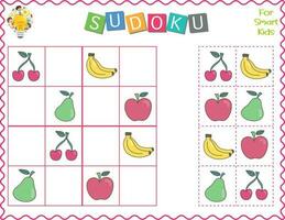 Sudoku zum Kinder, ist ein lehrreich Spiel. Karikatur Obst s Apfel, Banane, Birne, und Kirsche. verwenden Schere und kleben zu füllen im das fehlt Elemente. logisch Denken mit fein Motor- Kompetenzen zum Kinder vektor