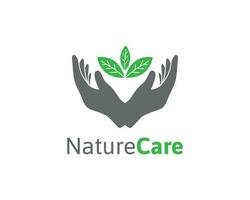 natur vård logotyp med blad och hand illustration vektor