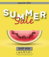 Vektor Sommer- Verkauf Gelb Hintergrund mit groß Stück von Wassermelone.