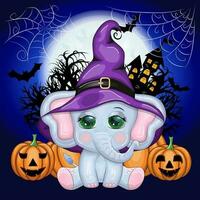 söt tecknad serie elefant, barnslig karaktär i trollkarl hatt med pumpa, trolldryck eller kvast. halloween vykort vektor