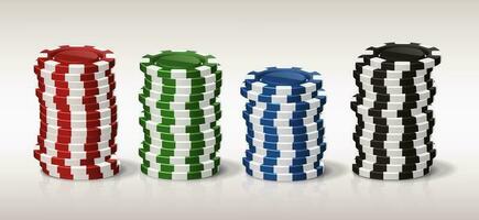 3d realistisk vektor ikon illustration. poker pommes frites stack i annorlunda färger. kasino spel pengar polletter.