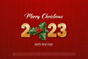 glücklich Neu Jahr 2023. fröhlich Weihnachten. Vorlage zum Gruß Karte, Banner, Flyer. Gold 2023 auf das rot Hintergrund mit Weihnachten lustig Grün Pflanze. vektor