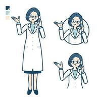 en kvinna läkare i en labb täcka med ring upp på smartphone bilder vektor