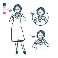 ein Frau Arzt im ein Labor Mantel mit Herstellung ein Herz Symbol durch Hand Bilder vektor