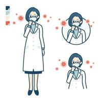 en kvinna läkare i en labb täcka med sätta på en mask och hosta bilder vektor