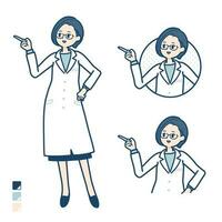 en kvinna läkare i en labb täcka med förklaring pekande bilder vektor
