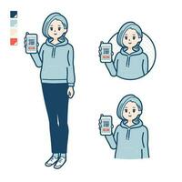 ein jung Frau im ein Kapuzenpullover mit bargeldlos Zahlung auf Smartphone Bilder vektor