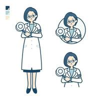 ein Frau Arzt im ein Labor Mantel mit denken Über das Antworten Bilder vektor