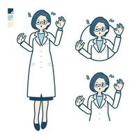 en kvinna läkare i en labb täcka med panik bilder vektor