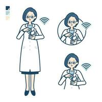 ein Frau Arzt im ein Labor Mantel mit arbeiten Smartphone Bilder vektor