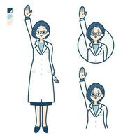 en kvinna läkare i en labb täcka med höja hand bilder vektor