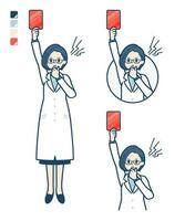en kvinna läkare i en labb täcka med en röd kort bilder vektor