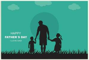 Lycklig fars dag och en silhuett av far och barn i de bakgrund med Sol och himmel. vektor