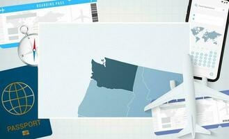 resa till Washington, illustration med en Karta av Washington. bakgrund med flygplan, cell telefon, pass, kompass och biljetter. vektor