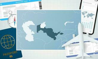 resa till uzbekistan, illustration med en Karta av uzbekistan. bakgrund med flygplan, cell telefon, pass, kompass och biljetter. vektor