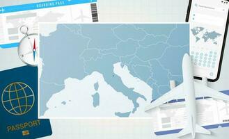 Reise zu san Marino, Illustration mit ein Karte von san Marino. Hintergrund mit Flugzeug, Zelle Telefon, Reisepass, Kompass und Eintrittskarten. vektor