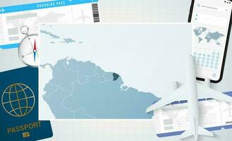 Reise zu Französisch Guayana, Illustration mit ein Karte von Französisch Guayana. Hintergrund mit Flugzeug, Zelle Telefon, Reisepass, Kompass und Eintrittskarten. vektor