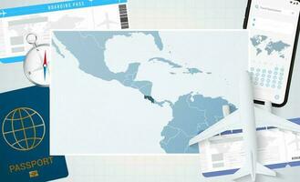 Reise zu Costa rica, Illustration mit ein Karte von Costa rica. Hintergrund mit Flugzeug, Zelle Telefon, Reisepass, Kompass und Eintrittskarten. vektor