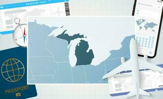 Reise zu Michigan, Illustration mit ein Karte von Michigan. Hintergrund mit Flugzeug, Zelle Telefon, Reisepass, Kompass und Eintrittskarten. vektor