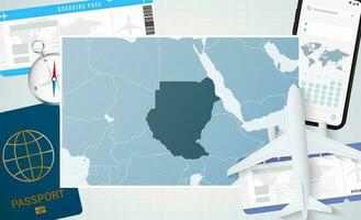 resa till Sudan, illustration med en Karta av sudan. bakgrund med flygplan, cell telefon, pass, kompass och biljetter. vektor
