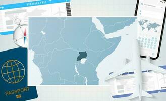 Reise zu Uganda, Illustration mit ein Karte von Uganda. Hintergrund mit Flugzeug, Zelle Telefon, Reisepass, Kompass und Eintrittskarten. vektor