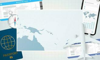 resa till solomon öar, illustration med en Karta av solomon öar. bakgrund med flygplan, cell telefon, pass, kompass och biljetter. vektor