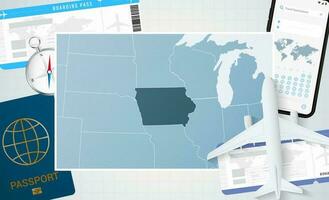 Reise zu Iowa, Illustration mit ein Karte von Iowa. Hintergrund mit Flugzeug, Zelle Telefon, Reisepass, Kompass und Eintrittskarten. vektor
