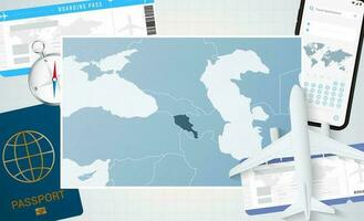 Reise zu Armenien, Illustration mit ein Karte von Armenien. Hintergrund mit Flugzeug, Zelle Telefon, Reisepass, Kompass und Eintrittskarten. vektor