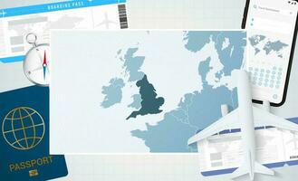 resa till England, illustration med en Karta av england. bakgrund med flygplan, cell telefon, pass, kompass och biljetter. vektor