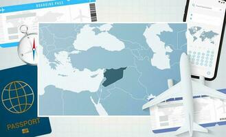 Reise zu Syrien, Illustration mit ein Karte von Syrien. Hintergrund mit Flugzeug, Zelle Telefon, Reisepass, Kompass und Eintrittskarten. vektor