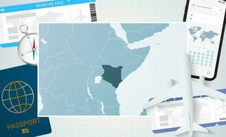 Reise zu Kenia, Illustration mit ein Karte von Kenia. Hintergrund mit Flugzeug, Zelle Telefon, Reisepass, Kompass und Eintrittskarten. vektor