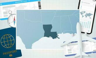 resa till Louisiana, illustration med en Karta av louisiana. bakgrund med flygplan, cell telefon, pass, kompass och biljetter. vektor