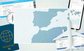 resa till gibraltar, illustration med en Karta av gibraltar. bakgrund med flygplan, cell telefon, pass, kompass och biljetter. vektor