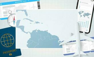 Reise zu Trinidad und Tobago, Illustration mit ein Karte von Trinidad und Tobago. Hintergrund mit Flugzeug, Zelle Telefon, Reisepass, Kompass und Eintrittskarten. vektor